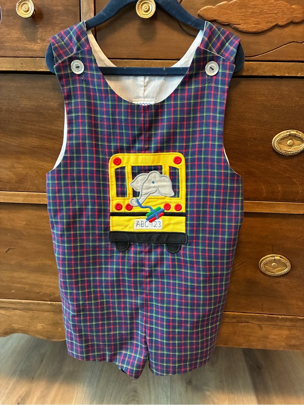 Kelly's Kids Navy Plaid Bus Applique Romper